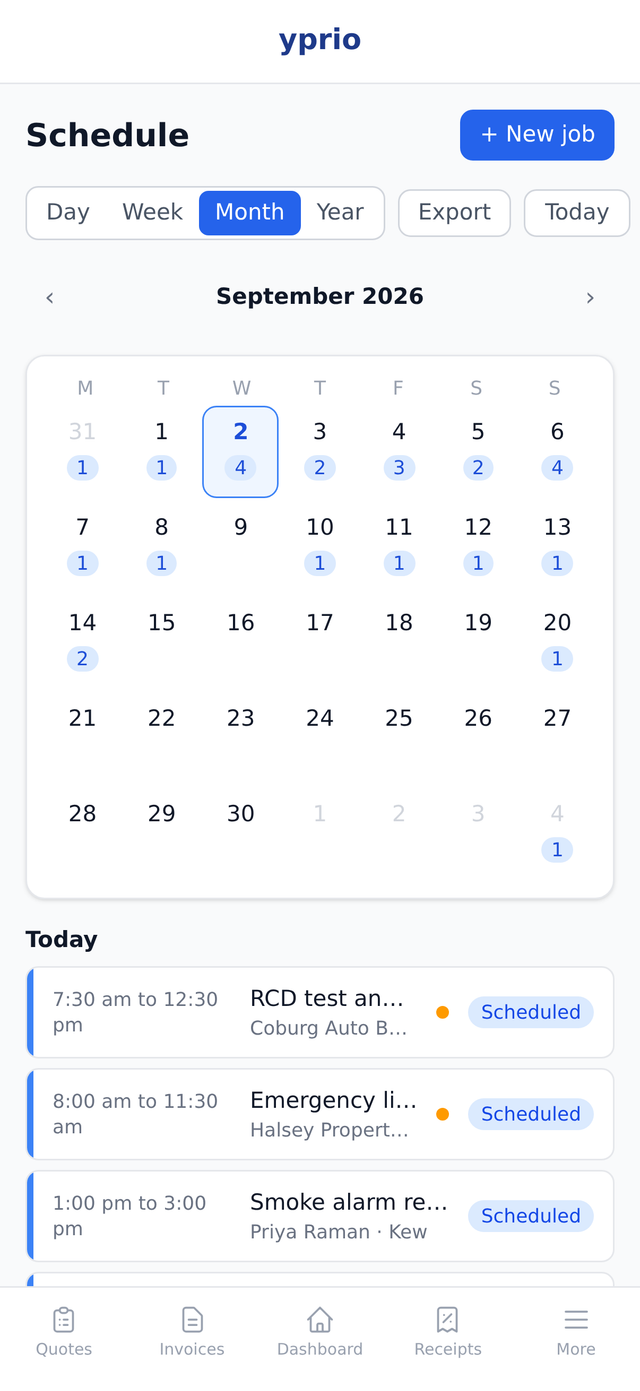 The yprio schedule in month view, with jobs counted on each day